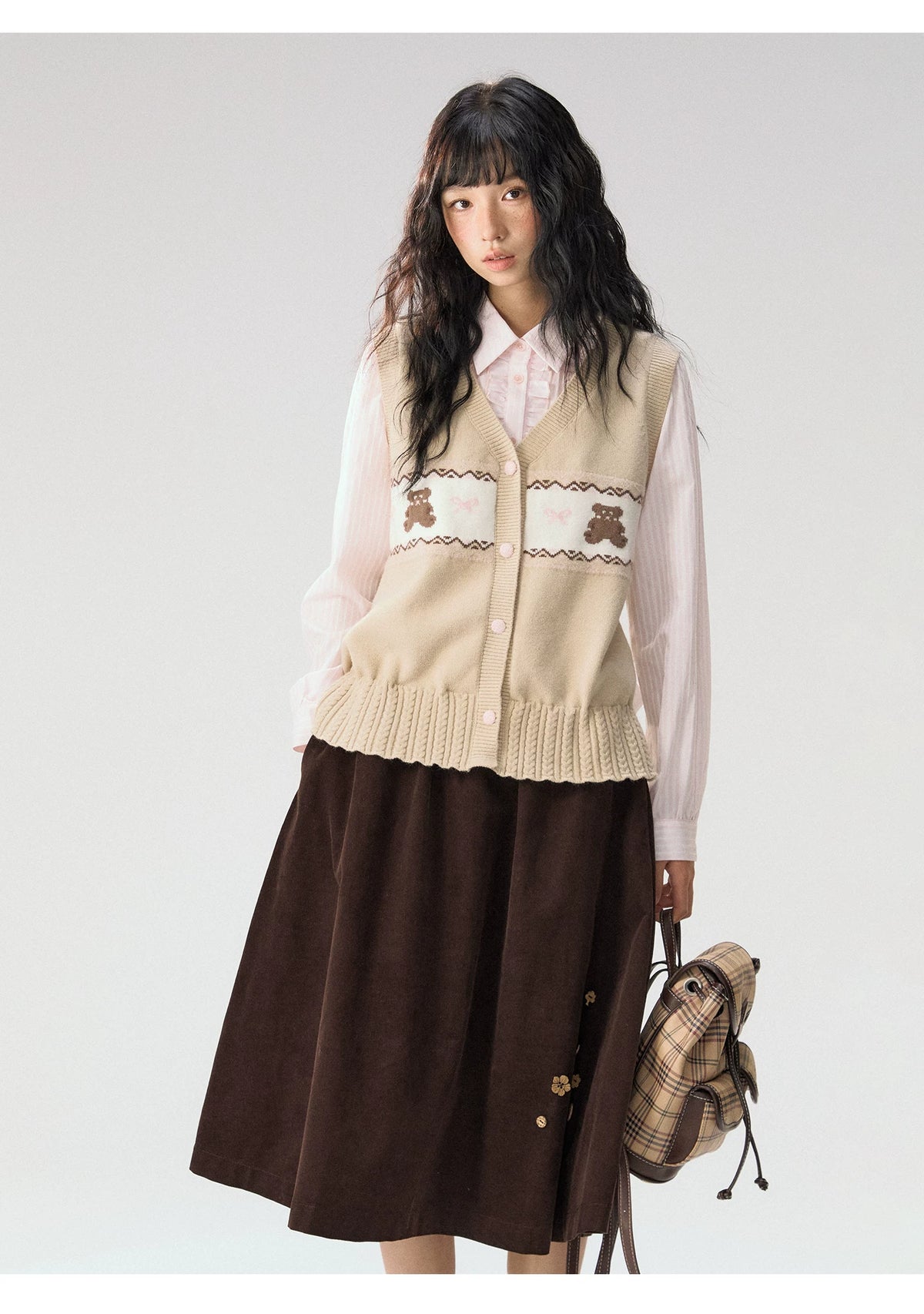 [CAN] "Bear Waltz" Brown Bow Jacquard Knit Vest