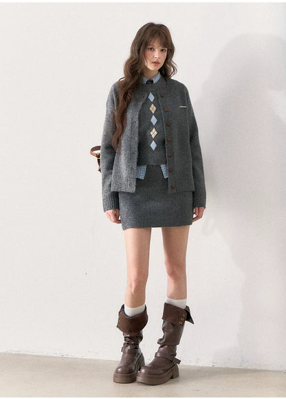 [TMMG] British Collegiate Gray Diamond Knit 3-Piece Set
