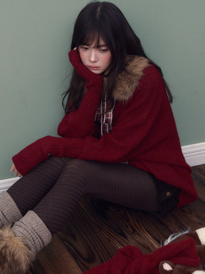 Soote Season - "Vintage Holiday Bow" Burgundy Batwing Faux-Fur Collar Cable-Knit Cardigan