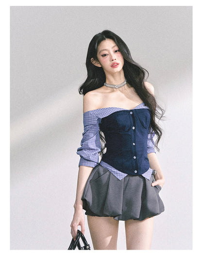 少也眼 "London Crush" Off-Shoulder Dual-Layer Long-Sleeve Spicy Girl Tee - Navy Blue
