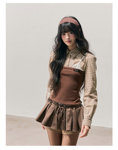 少也眼 "Falling Leaves Trace" Faux Layered Lace Plaid Knit Top