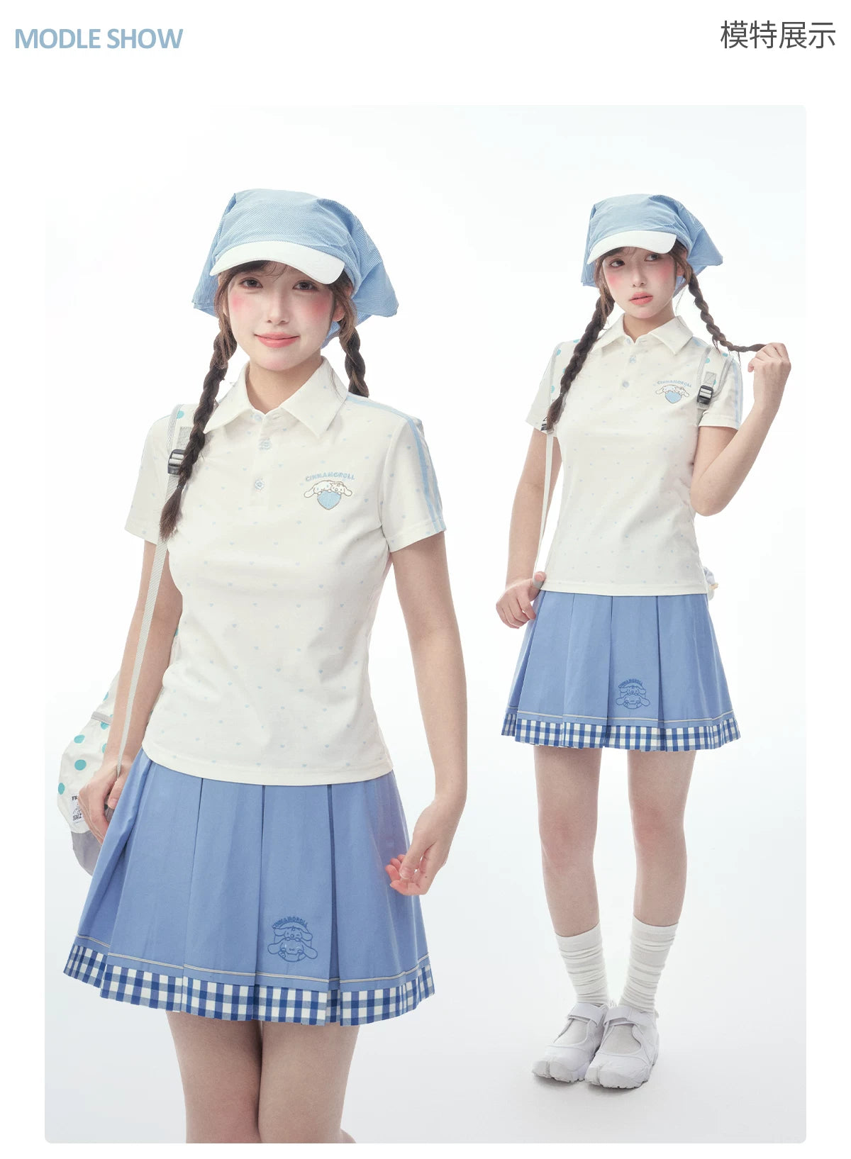 "Blue Heart Campus" Polka Dot Polo Collection (Polo Shirt / Pleated Skirt / Shorts)