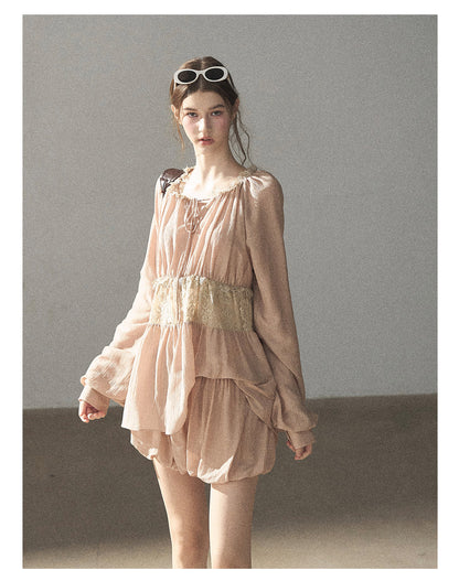 170726 "Ripples of Autumn" Milk Tea Lace Blouse & Bubble Shorts Set