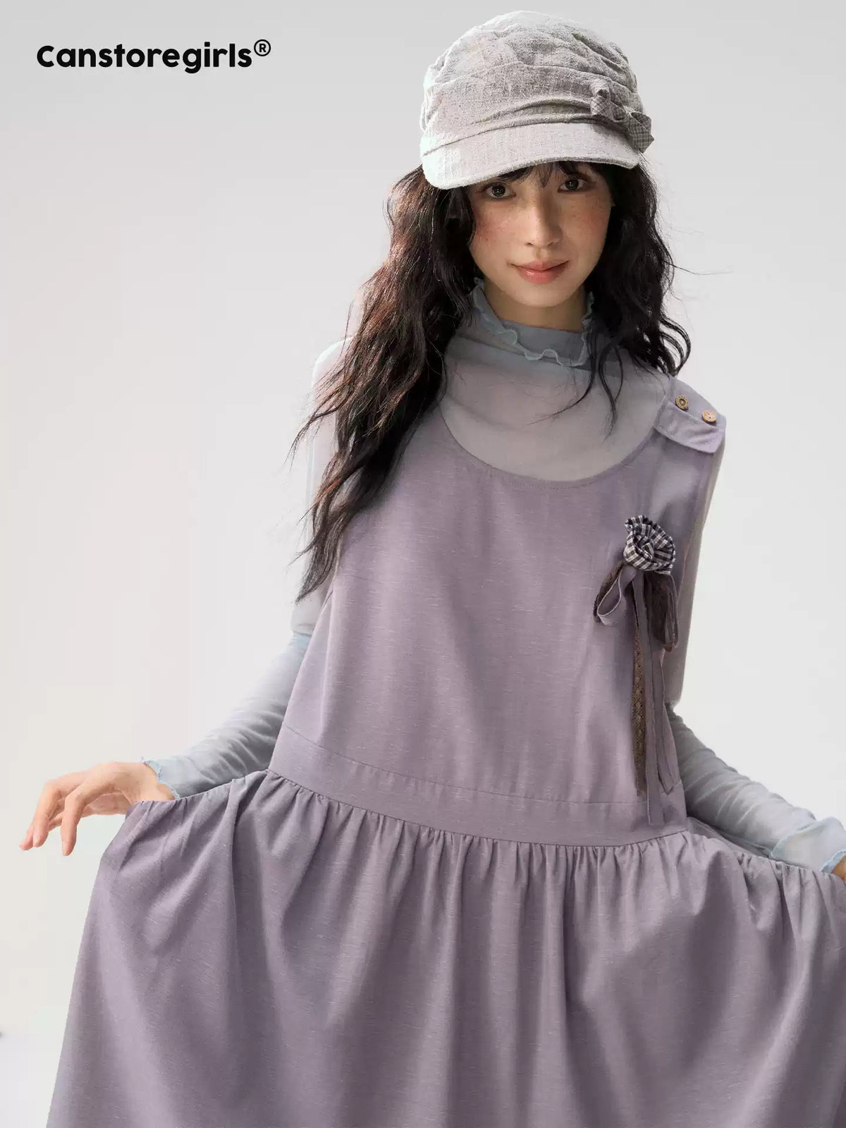 [CAN] "Violet Floral Bow" Purple Lace-Trim A-Line Pinafore Dress