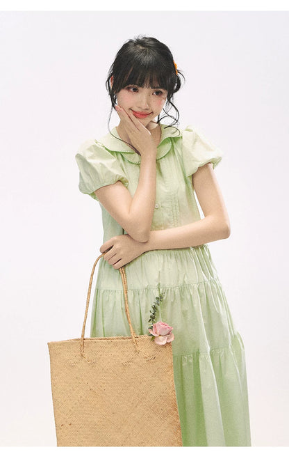 "Mint Forest" Mint Green Double Collar Tiered A-Line Midi Dress
