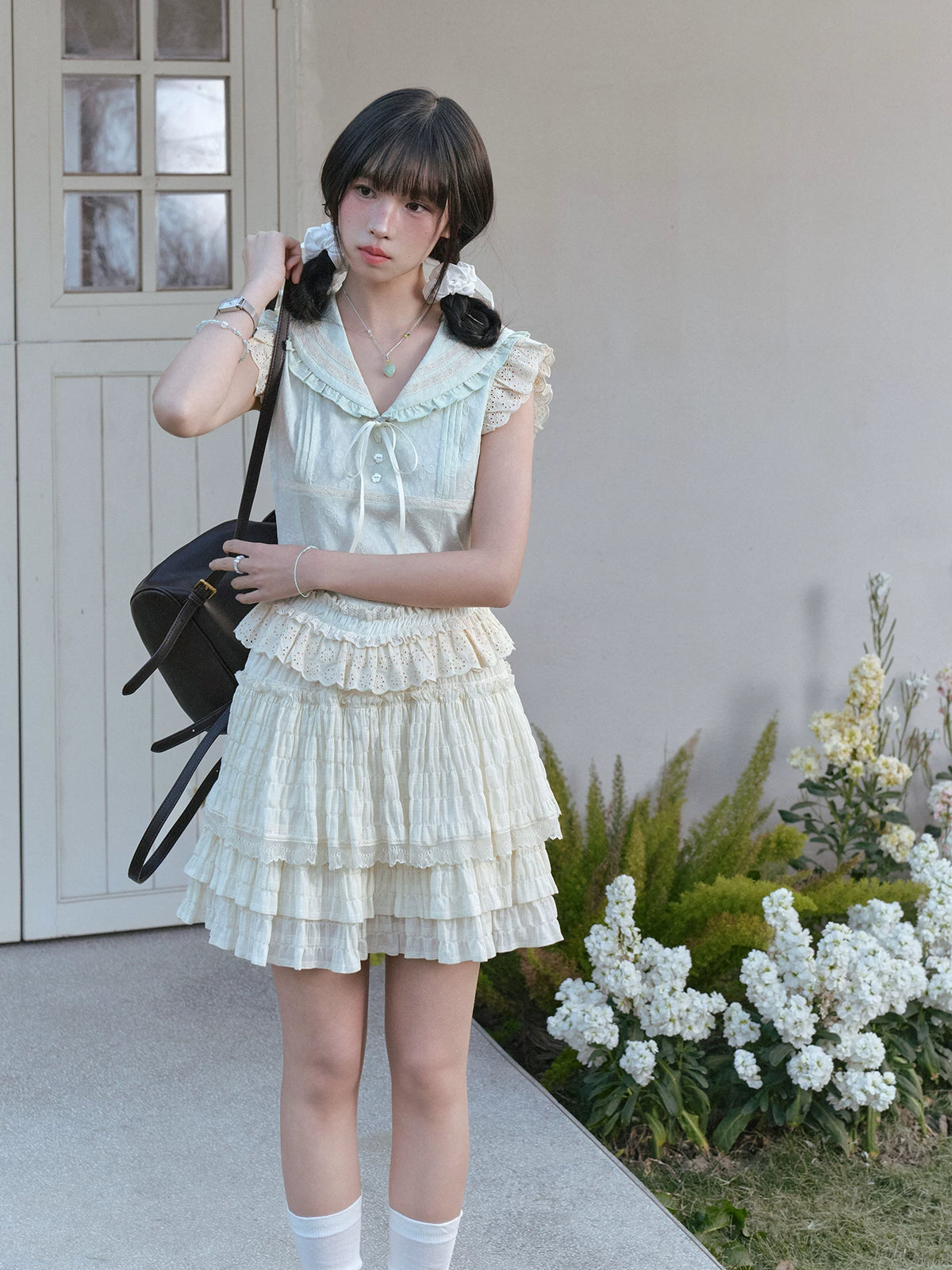"Blooming Branches" Vintage Forest Collection (Mint Green Sailor Blouse / Oat Beige Tiered Skirt)