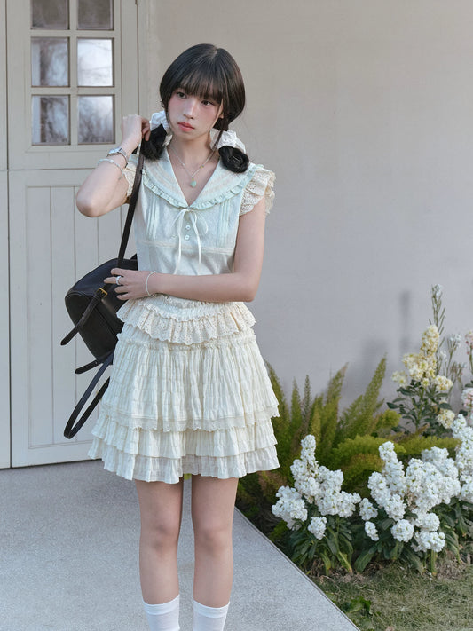 "Blooming Branches" Vintage Forest Collection (Mint Green Sailor Blouse / Oat Beige Tiered Skirt)