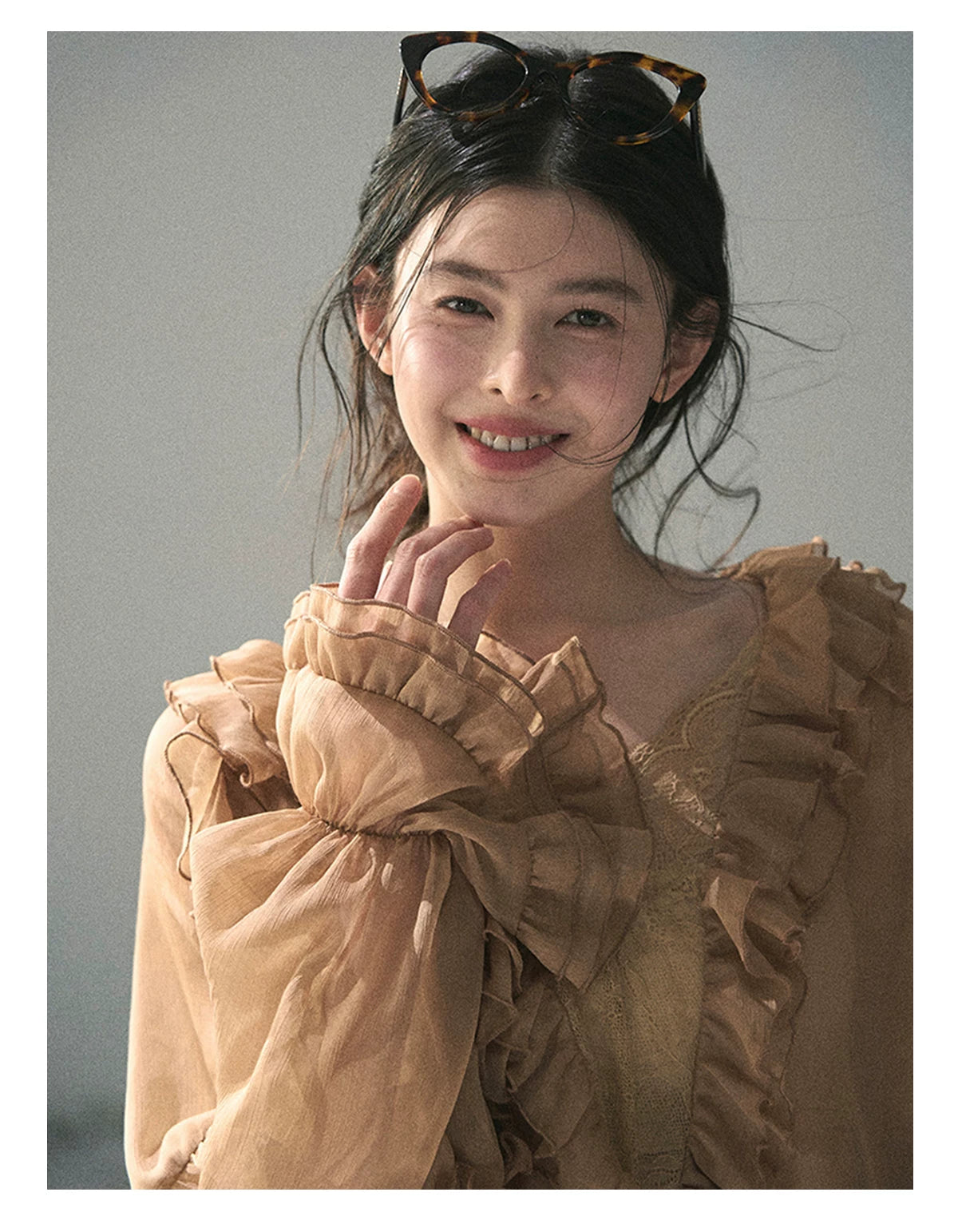 “Whispers of the Wind” Ash Caramel Lace Chiffon Blouse (With Belt)