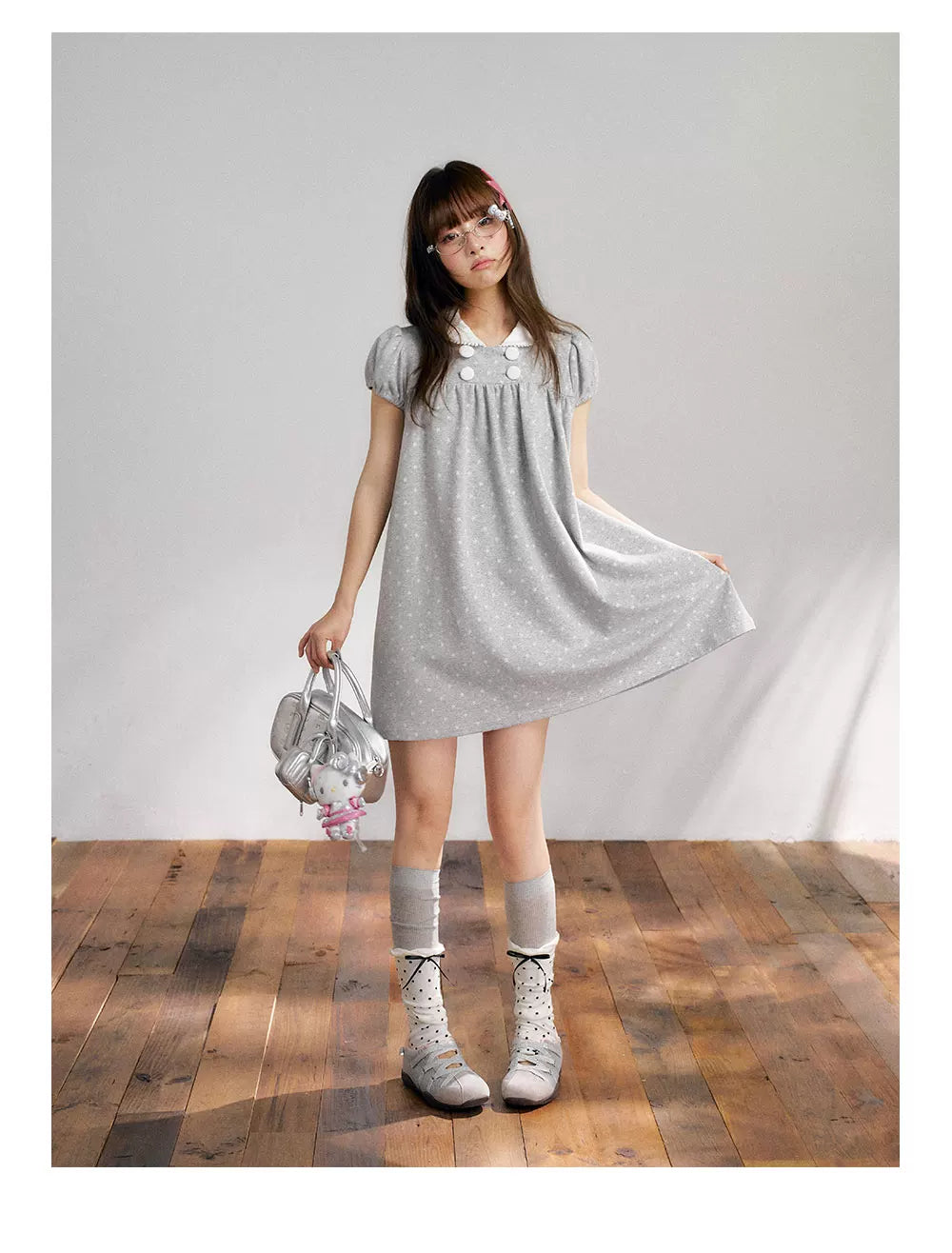 “Grey Sugar Cloud” Grey Polka Dot Doll Collar Dress
