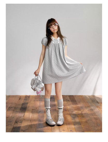 “Grey Sugar Cloud” Grey Polka Dot Doll Collar Dress
