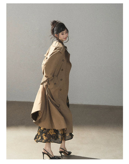 AOMALM - Chestnut Brown Long A-Line Trench Coat with Belt