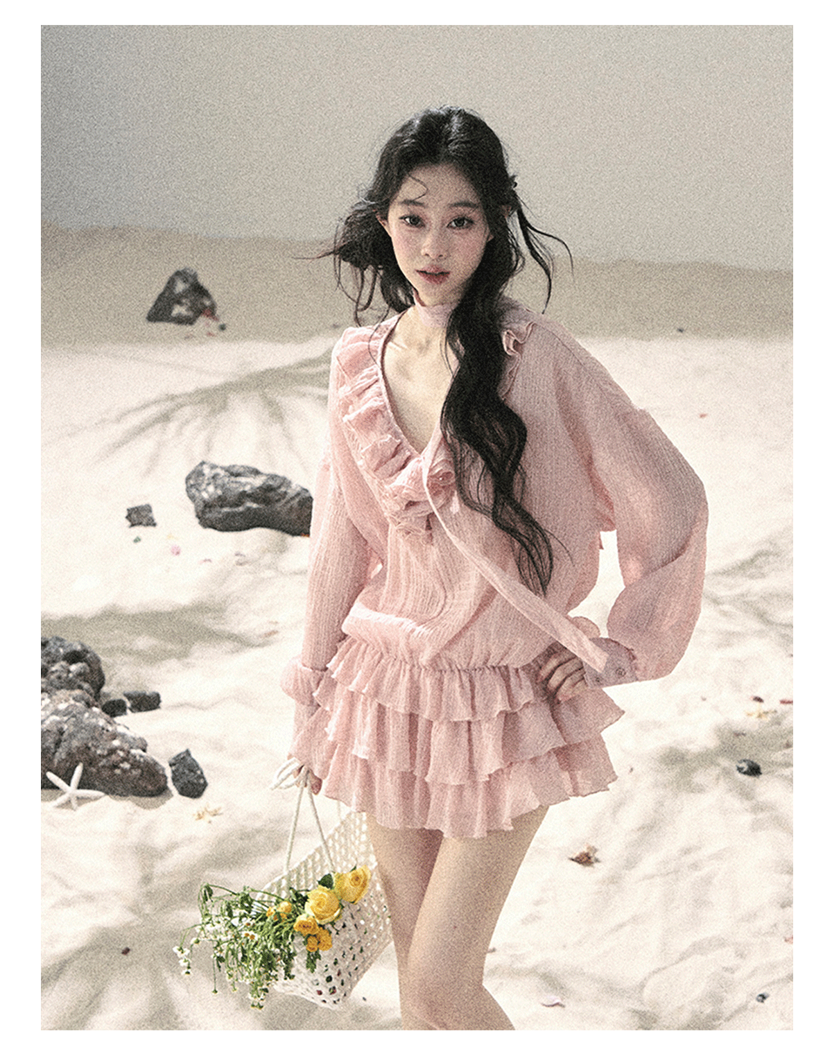 “Evening Breeze Skirt” Lotus Pink Tiered Chiffon Mini Dress with Scarf Tie & Shorts