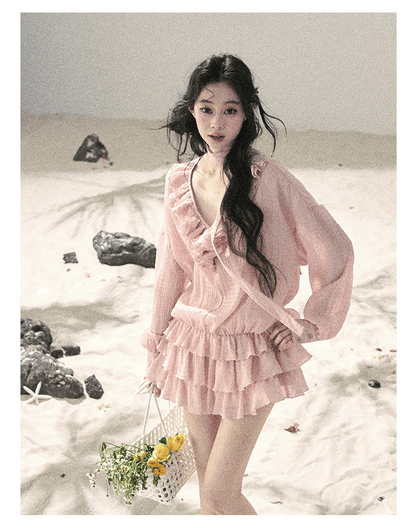 “Evening Breeze Skirt” Lotus Pink Tiered Chiffon Mini Dress with Scarf Tie & Shorts