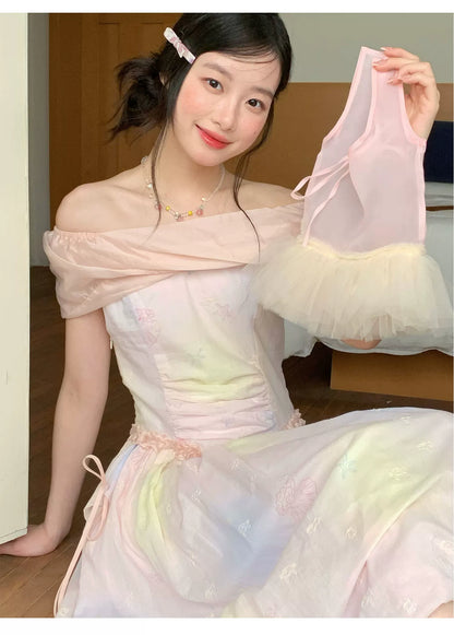 [RF] “Dreamlight Reverie” Pink Gradient Embroidered Off-Shoulder Maxi Dress