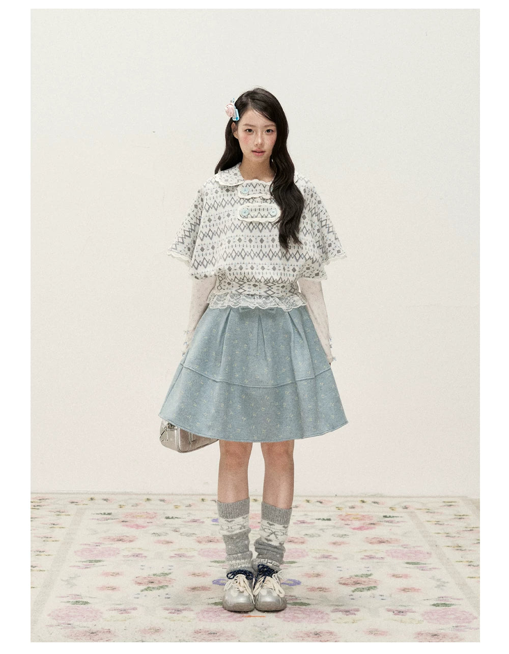 [RF] Mist Gray Argyle Jacquard Cropped Poncho-Style Pullover with Lace Trim