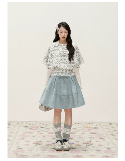 [RF] Mist Gray Argyle Jacquard Cropped Poncho-Style Pullover with Lace Trim
