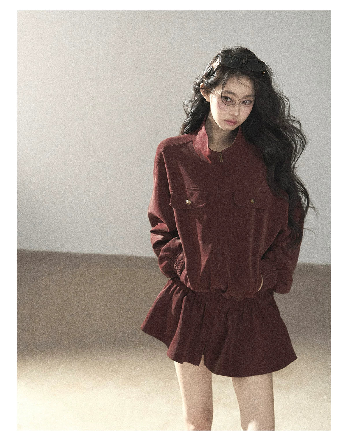 AOMALM - Burgundy PU Suede Jacket & A-Line Shorts Set