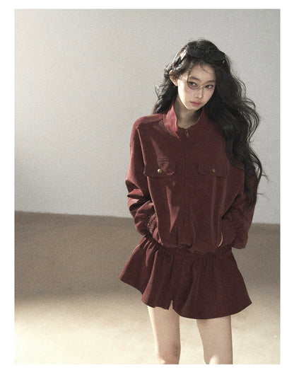 AOMALM - Burgundy PU Suede Jacket & A-Line Shorts Set