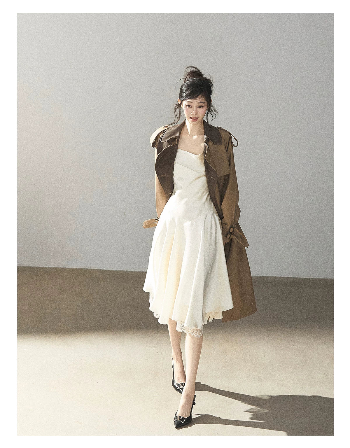 AOMALM - Chestnut Brown Long A-Line Trench Coat with Belt