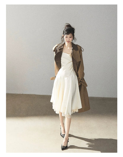 AOMALM - Chestnut Brown Long A-Line Trench Coat with Belt