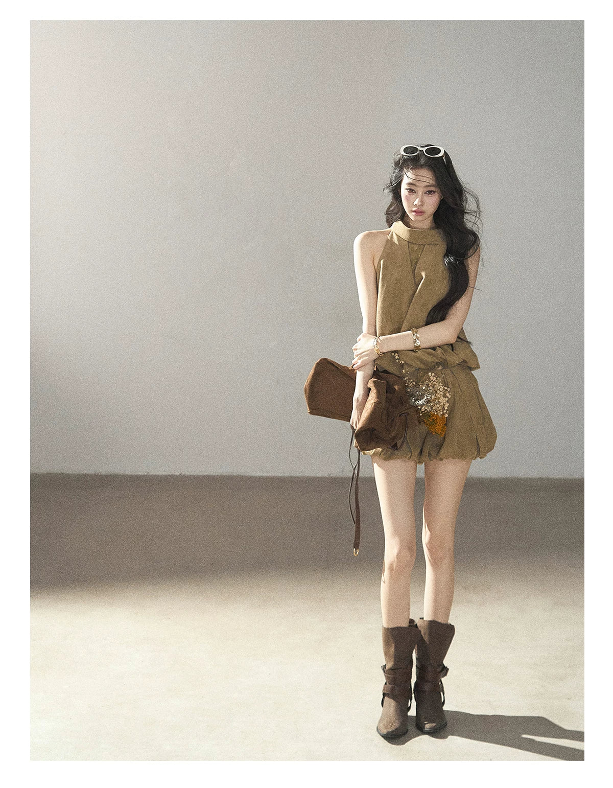 AOMALM - "The Veins of Leaves" Oatmeal French Faux Suede Top & Shorts Set