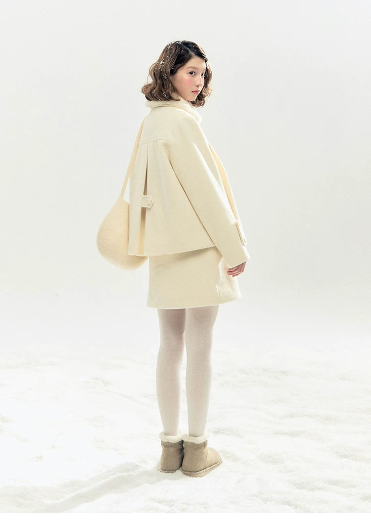 "Morning Mist" A-Line Wool-Blend Mini Skirt (Mist Gray/ Cream Beige)