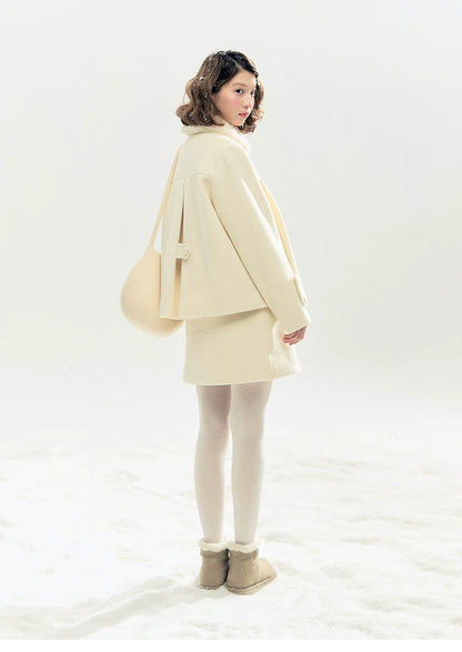 "Morning Mist" A-Line Wool-Blend Mini Skirt (Mist Gray/ Cream Beige)