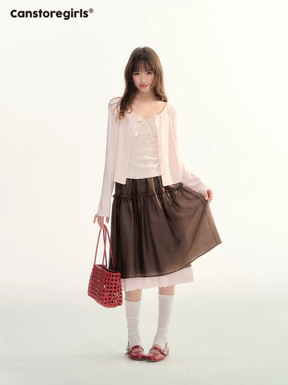 Soft Pink Lace Trim Knit Cami & Cardigan Set LL2026115