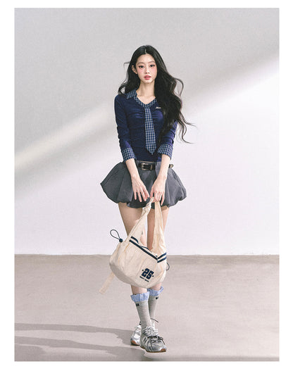 少也眼 "Han Gao Rolecard" Dual-Layer Illusion V-Neck Plaid Waist-Slimming Tee - Navy Blue