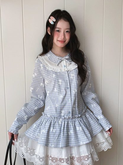 [[RF] “Blue Plaid Cloud Blossom” Baby Blue Plaid Long-Sleeve Ruffle Waist-Defined Dress
