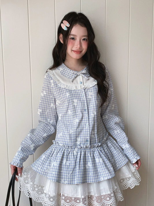 [[RF] “Blue Plaid Cloud Blossom” Baby Blue Plaid Long-Sleeve Ruffle Waist-Defined Dress
