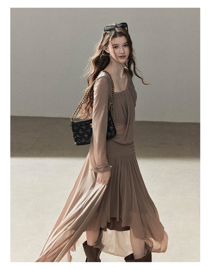 170726 "Waiting for Autumn Rain" Silver Mouse Gray Off-Shoulder Pleated Skirt Set