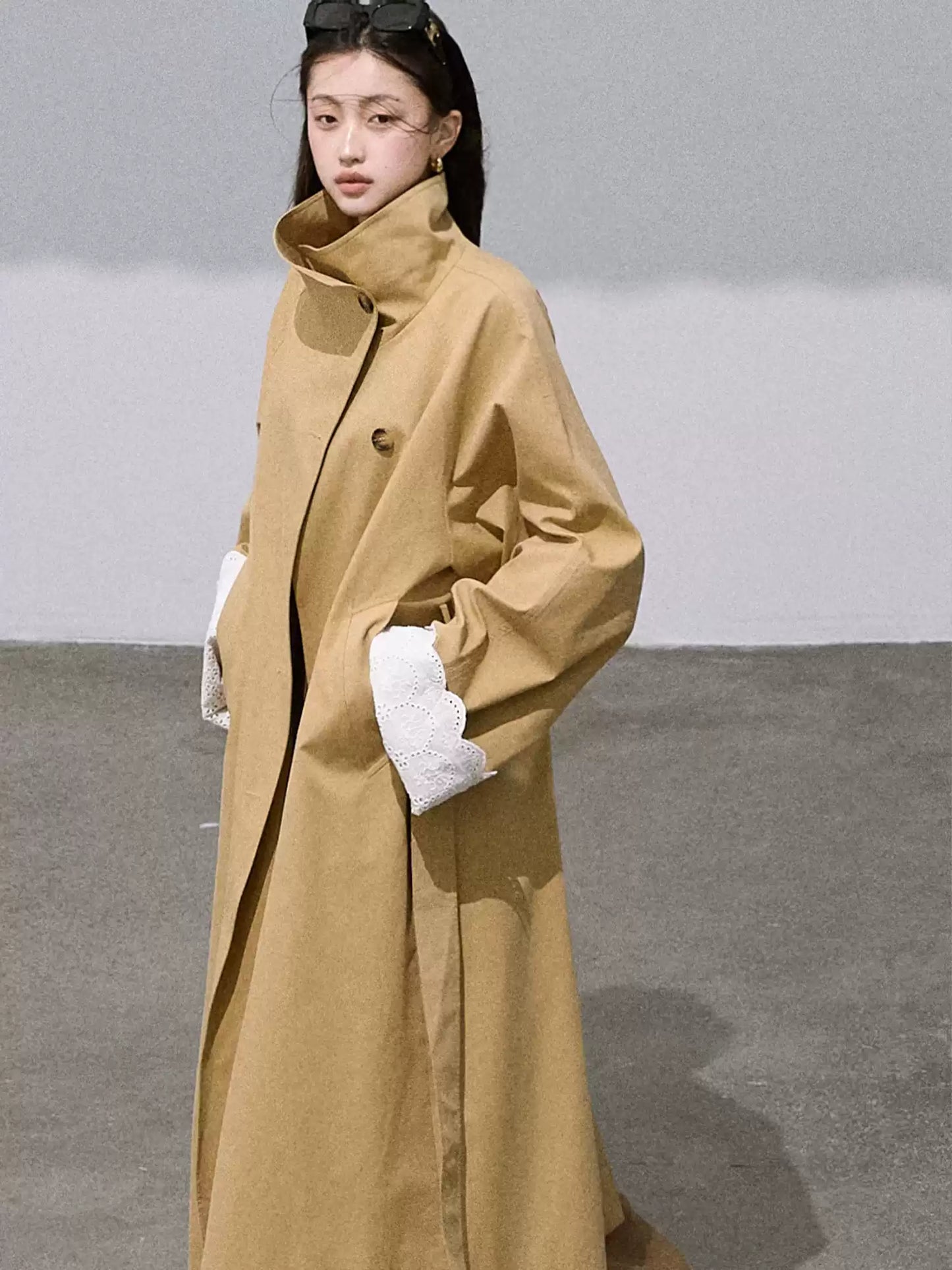 OAKMOO - "Grass Whisper" Oversized Long Trench Coat – Amber Khaki 25Q412
