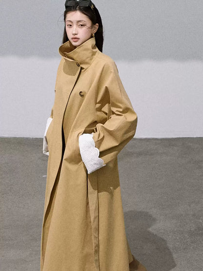 OAKMOO - "Grass Whisper" Oversized Long Trench Coat – Amber Khaki 25Q412
