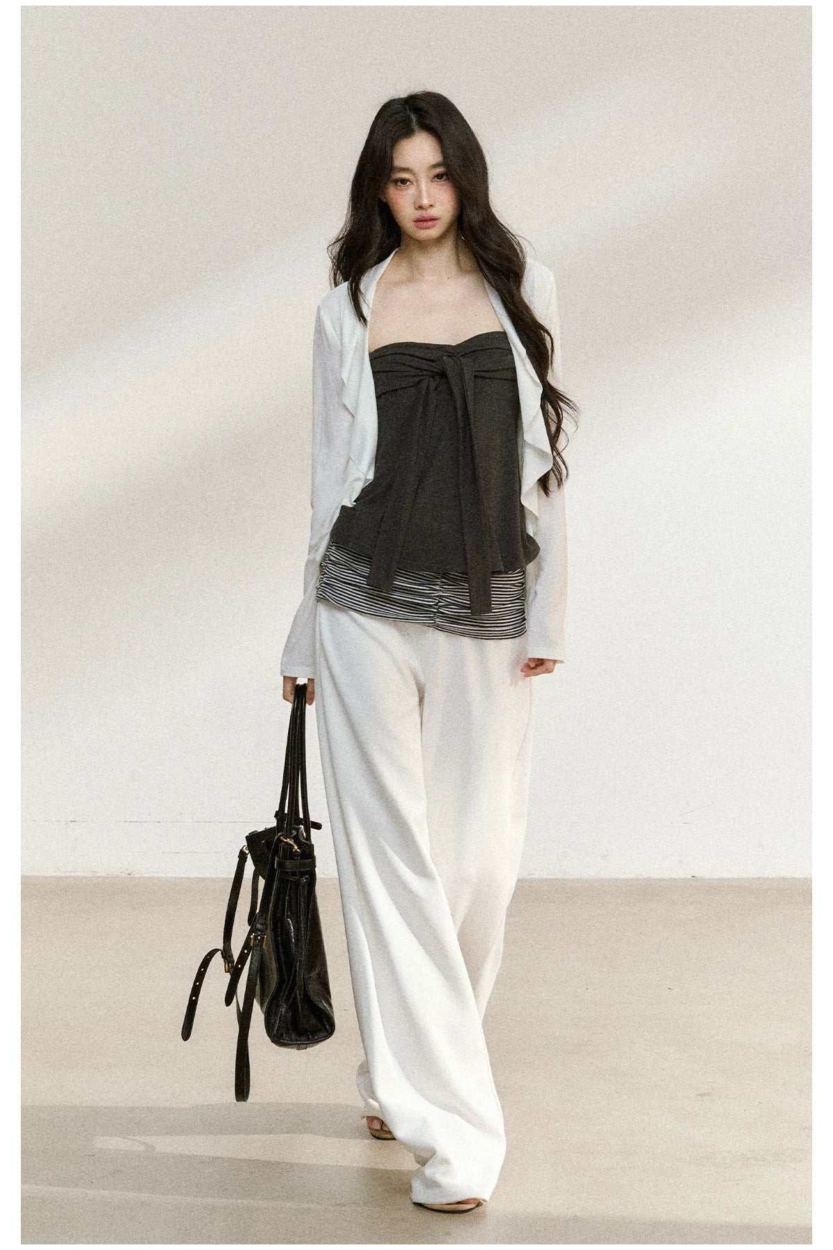 JN's DESIGN - White Wide-Leg Pants with Contrast Striped Waistband