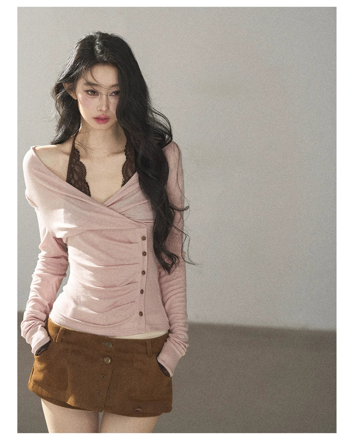 AOMALM - "Rose Garden Daydream" Misty Pink Korean Layered Lace Long-Sleeve Halter Top