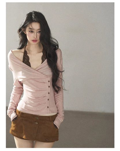 AOMALM - "Rose Garden Daydream" Misty Pink Korean Layered Lace Long-Sleeve Halter Top