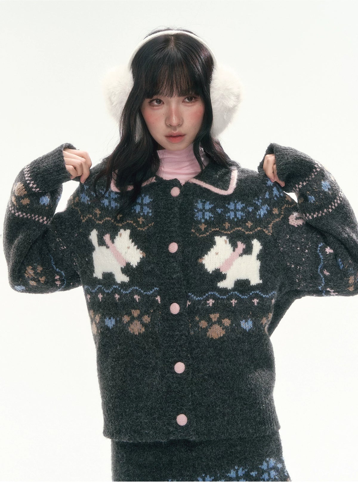 [CAN] Puppy Fair Isle Knit Sweater & Skirt Set (Gray / Pink)