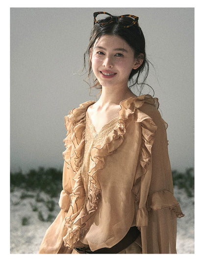 “Whispers of the Wind” Ash Caramel Lace Chiffon Blouse (With Belt)