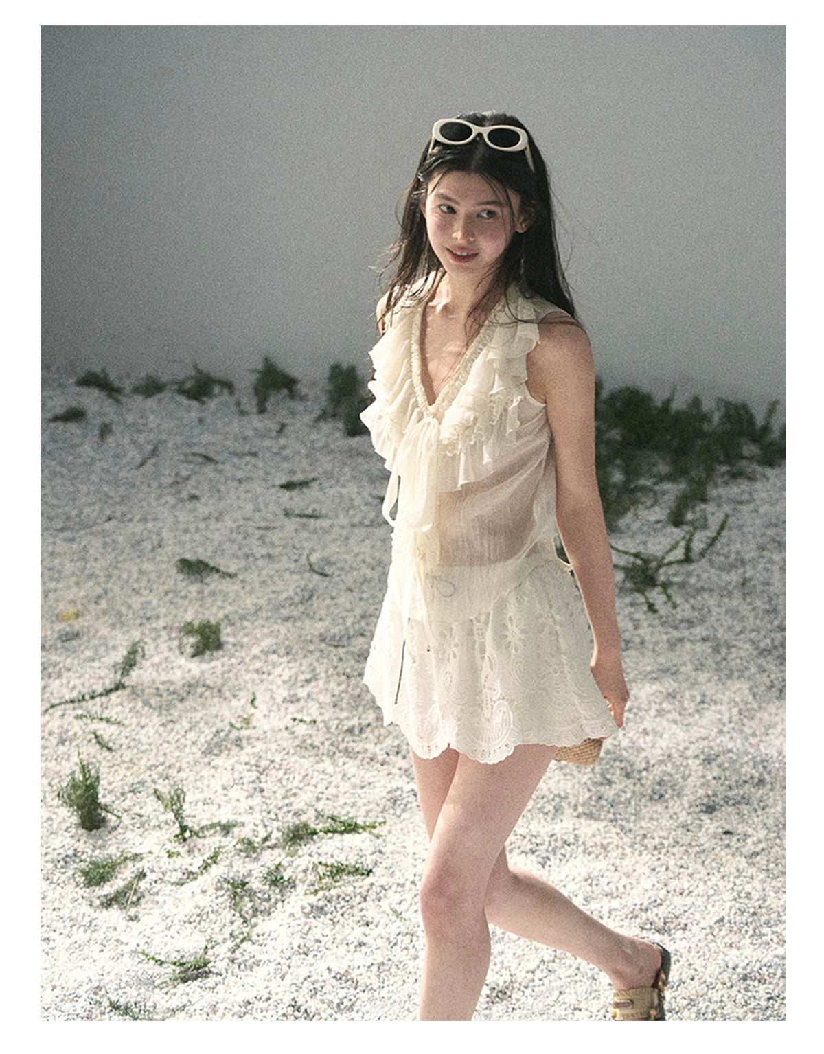 “Moonlight Through Sheer Veils” Ivory Ruffle Chiffon Blouse