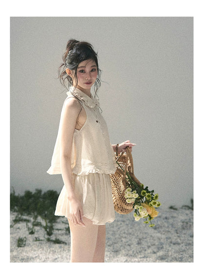 "Soft Cloud Reverie" Dutch Cream Lace Top & Bubble Skirt & Wide-Leg Pants Set 5468465