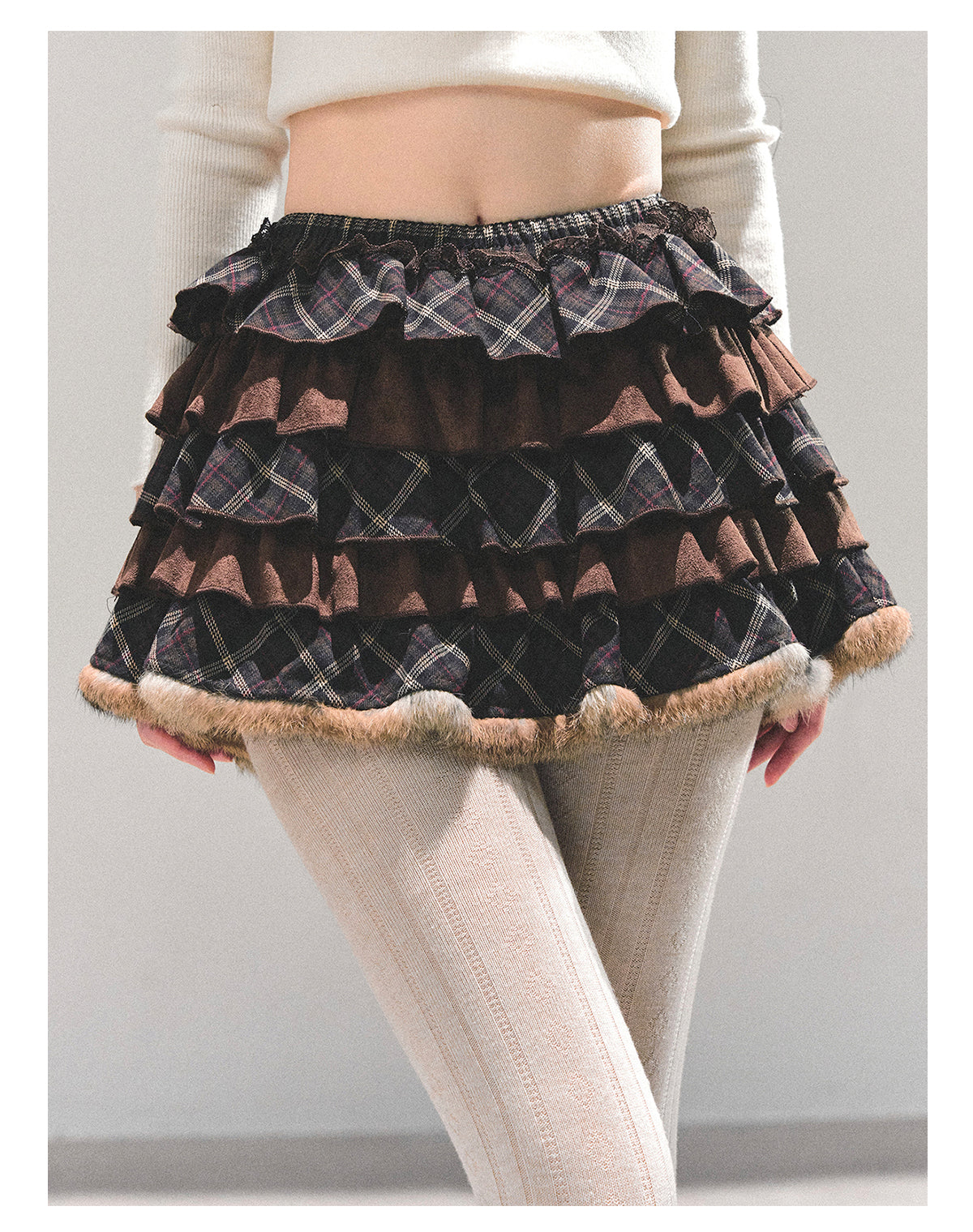 少也眼 “Melard Poem” Plaid Layered Brown Mini Skirt 8455211