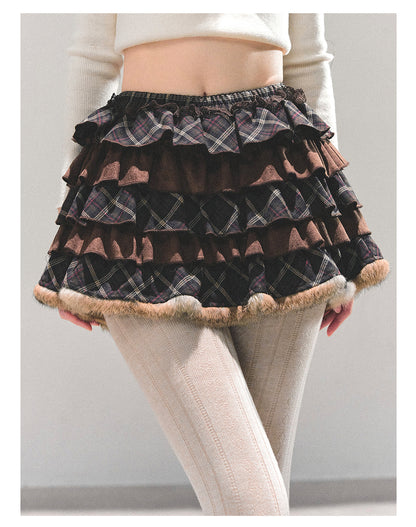 少也眼 “Melard Poem” Plaid Layered Brown Mini Skirt 8455211