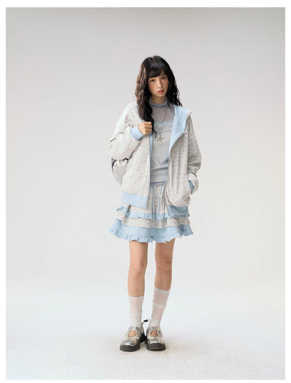 [CAN] "Misty Blue Floral Reverie" Light Blue Floral Set (Reversible Jacket / Sweatpants / Tiered Skirt)