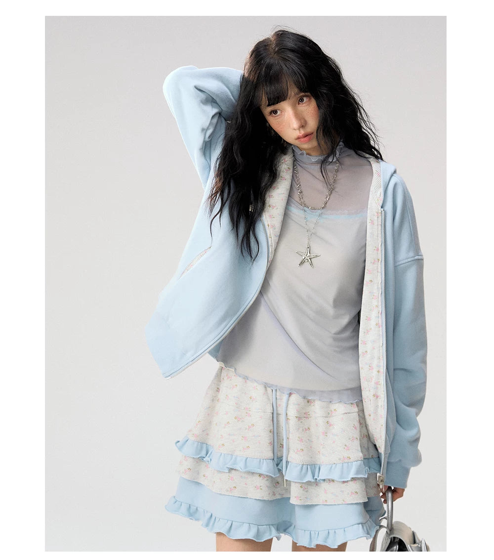 [CAN] "Misty Blue Floral Reverie" Light Blue Floral Set (Reversible Jacket / Sweatpants / Tiered Skirt)