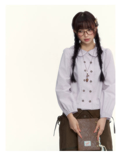 “Academy Melody” Navy Plaid & Dusty Purple Peter Pan Collar Cotton Shirt (Navy Plaid / Dusty Purple)