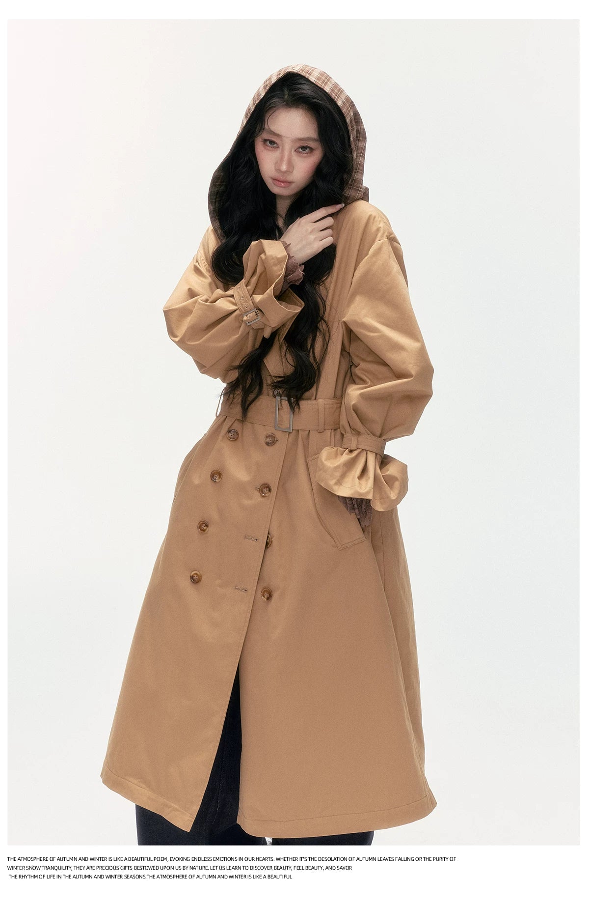 24olvides - Brown Long Padded Trench Coat with Plaid Hood