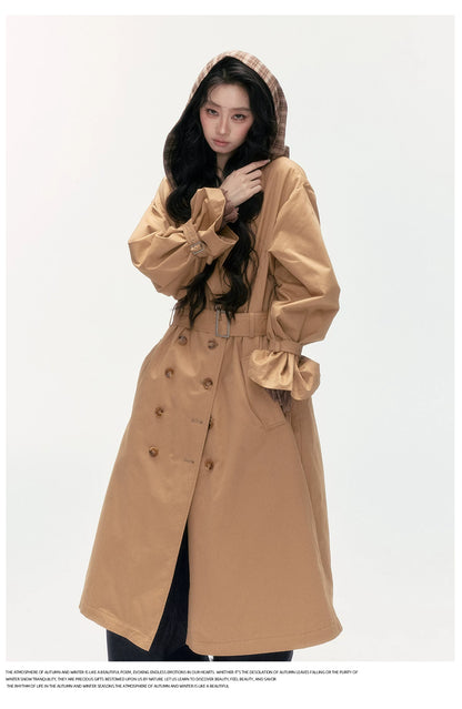 24olvides - Brown Long Padded Trench Coat with Plaid Hood
