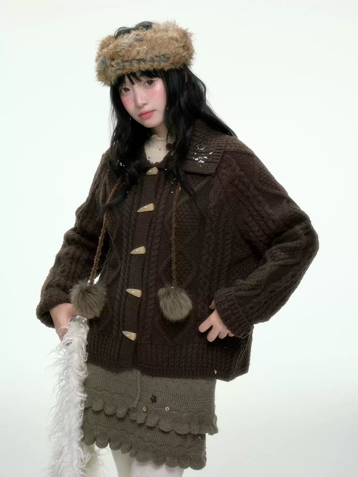 BIBIBENCY - Brown Cable-Knit Cardigan with Toggle Closures