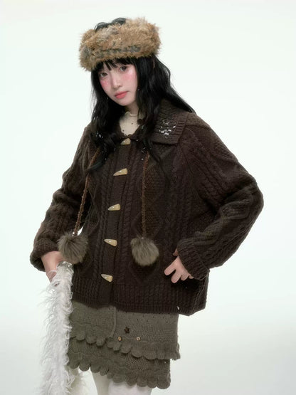 BIBIBENCY - Brown Cable-Knit Cardigan with Toggle Closures